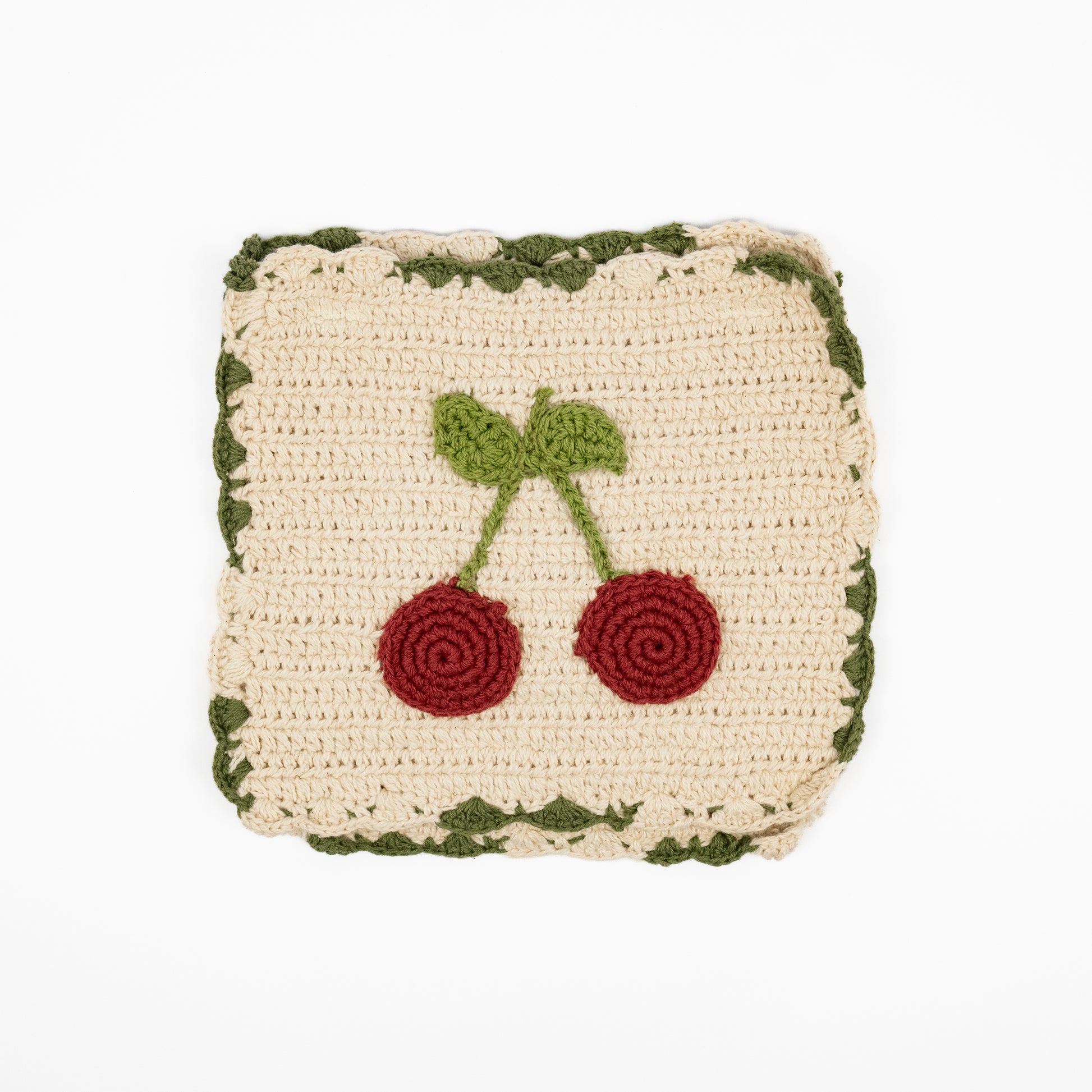 Cerise cream crochet cotton pot holders, red cherry motif, scalloped green trim, set of two