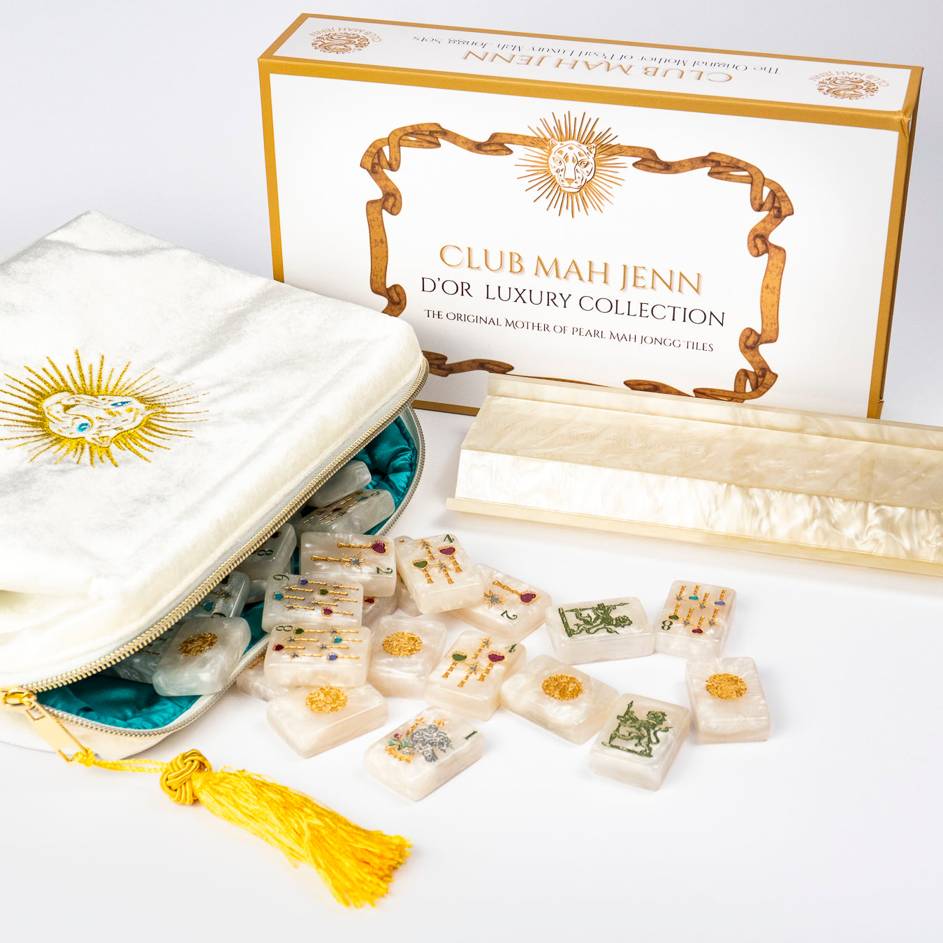 Club Mah Jenn D'or jewel tone mahjong set, velvet storage pouch with tassel, presentation box, mother-of-pearl rack