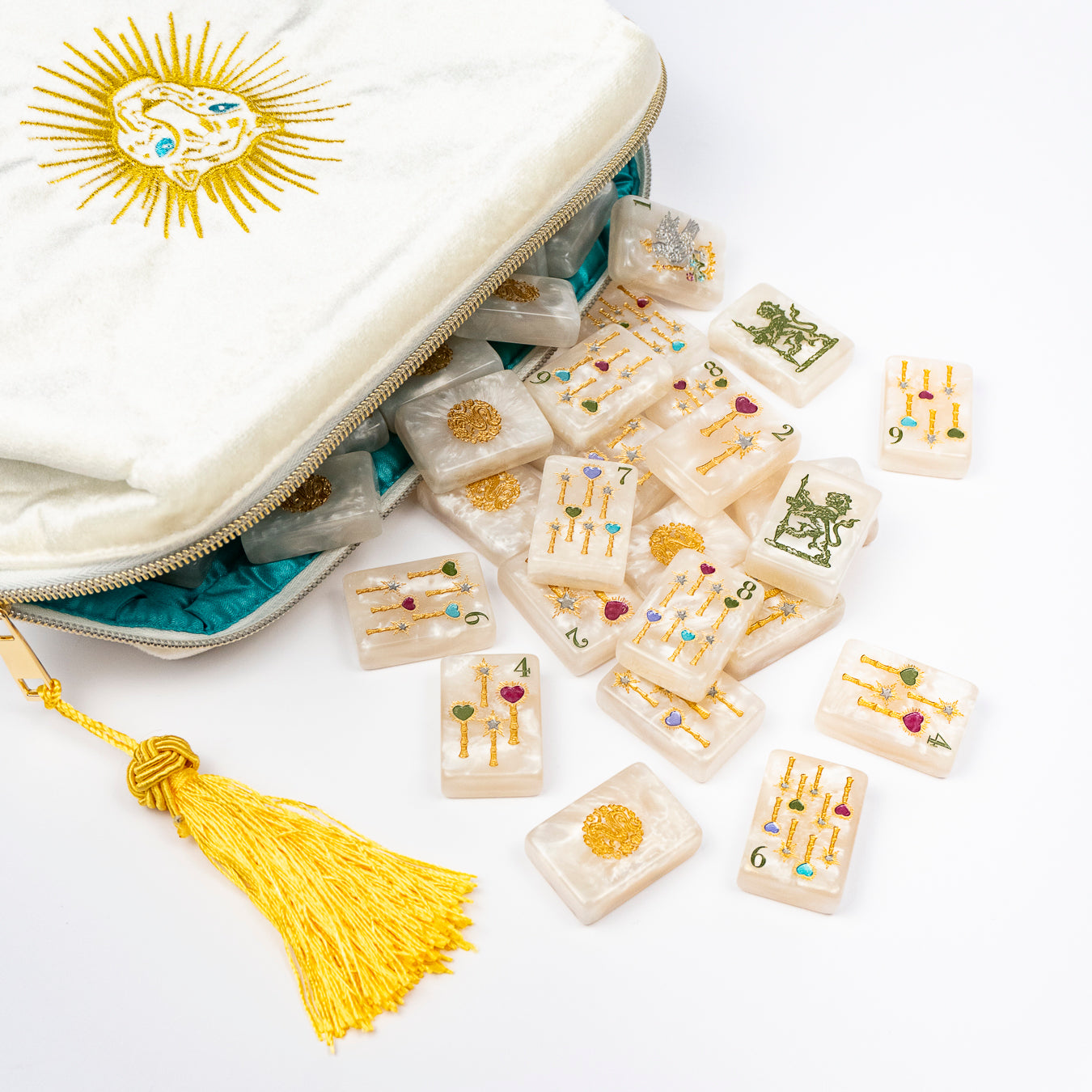 Club Mah Jenn D'or jewel tone mahjong set, velvet storage pouch with tassel