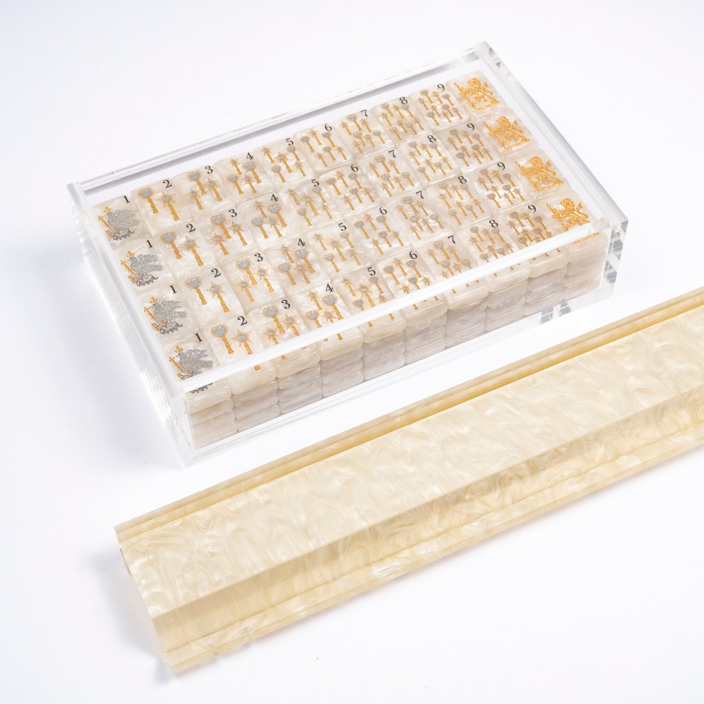 Club Mah Jenn D'or mahjong set, silver and gold metallic on white pearl acrylic tiles, clear acrylic box, mother-of-pearl racks