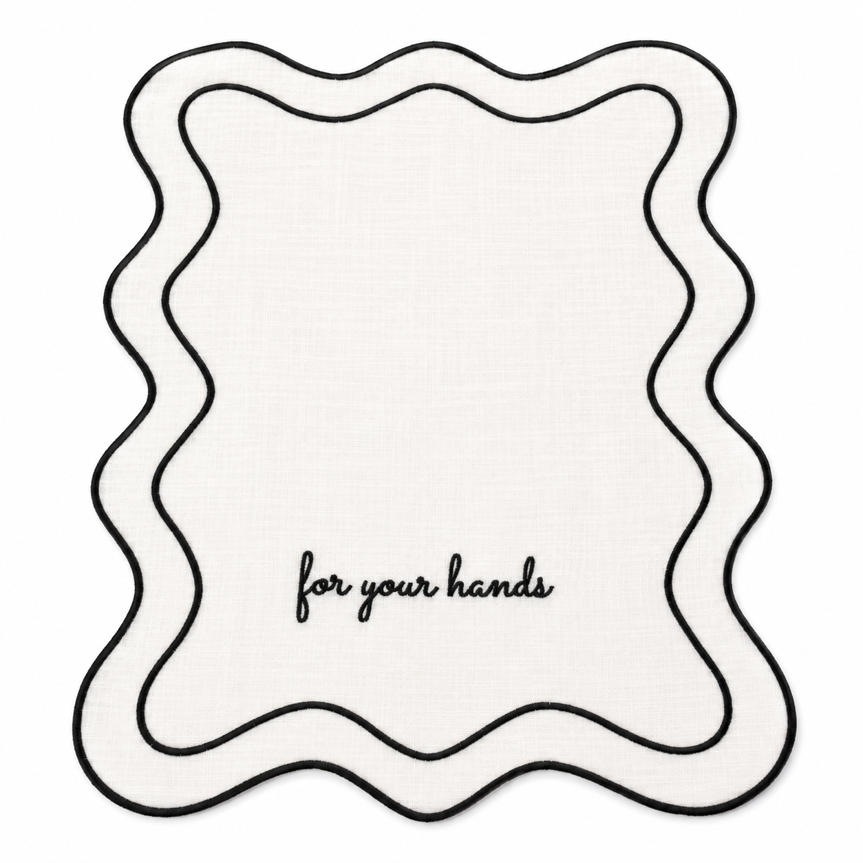 Close up of Elise For Your Hands white cotton guest towels, black script embroidery, scalloped black wave trim, set of two
