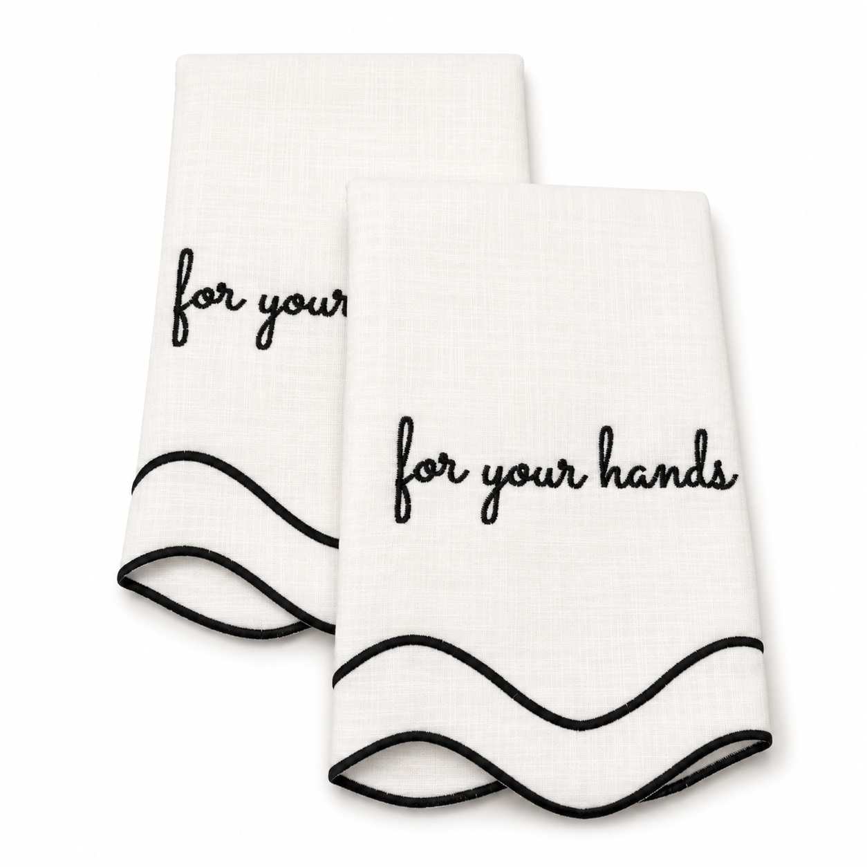 Elise For Your Hands white cotton guest towels, black script embroidery, scalloped black wave trim, set of two