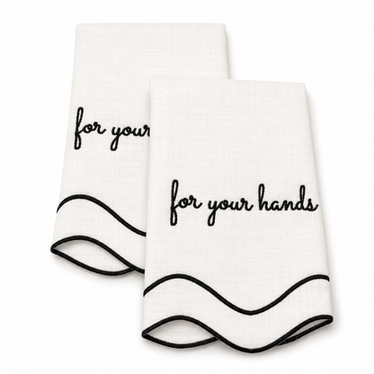 Elise For Your Hands white cotton guest towels, black script embroidery, scalloped black wave trim, set of two