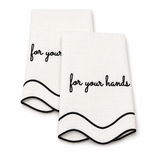 Elise For Your Hands white cotton guest towels, black script embroidery, scalloped black wave trim, set of two