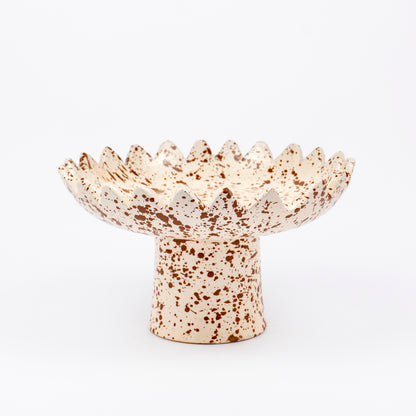 loree ceramic pedestal bowl, cream with rich brown speckle glaze, sawtooth zigzag rim, footed base