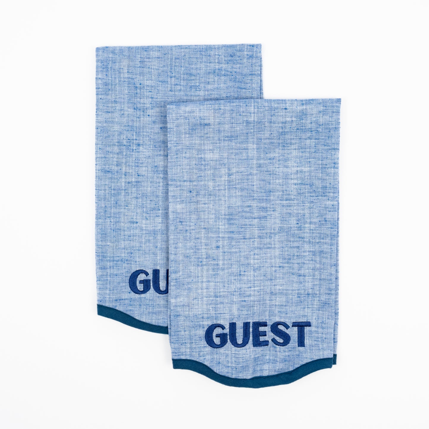 Giorgia blue chambray linen guest towels, navy GUEST embroidery, scalloped navy trim, set of two