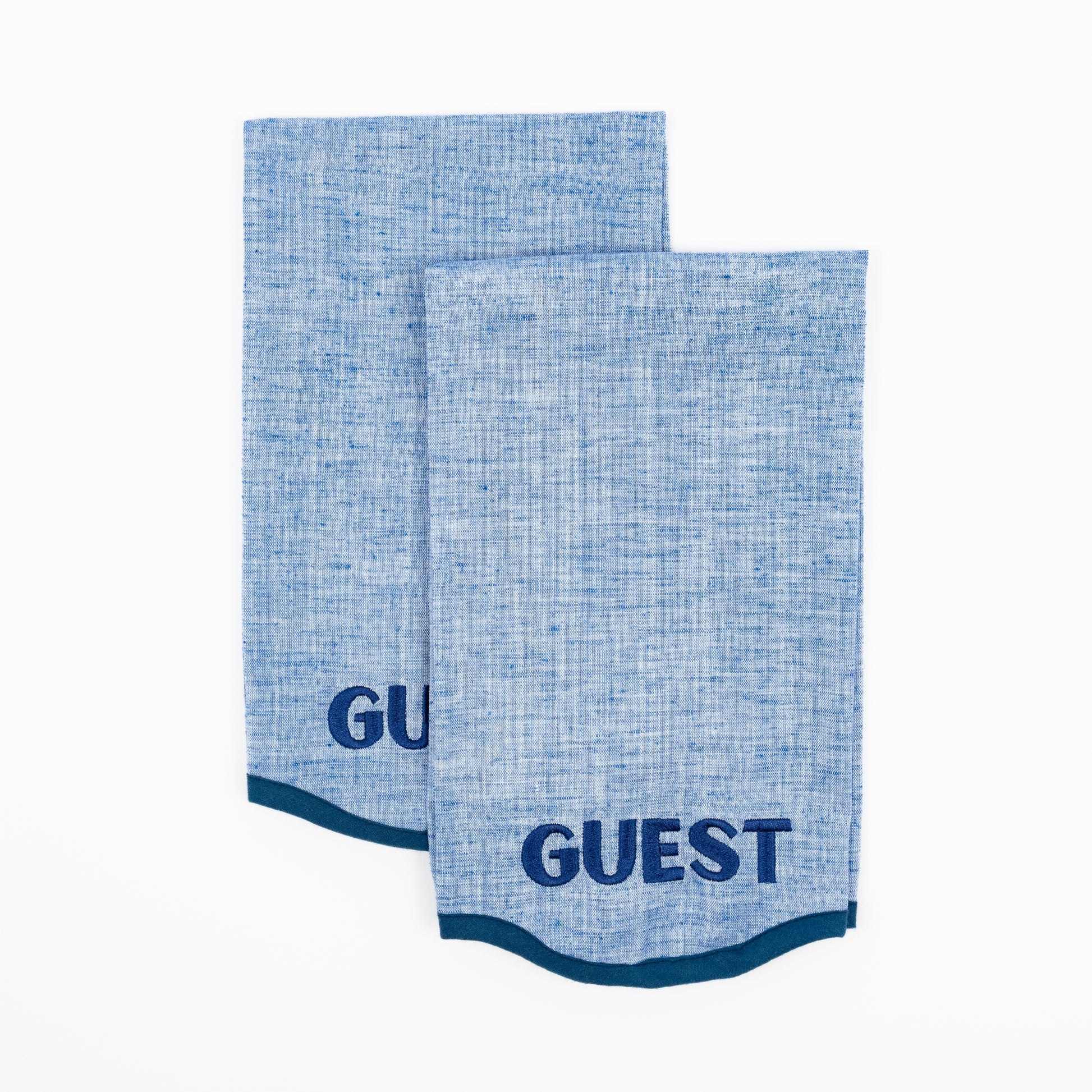 Giorgia blue chambray linen guest towels, navy GUEST embroidery, scalloped navy trim, set of two