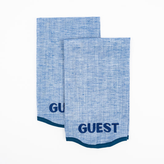 Giorgia blue chambray linen guest towels, navy GUEST embroidery, scalloped navy trim, set of two