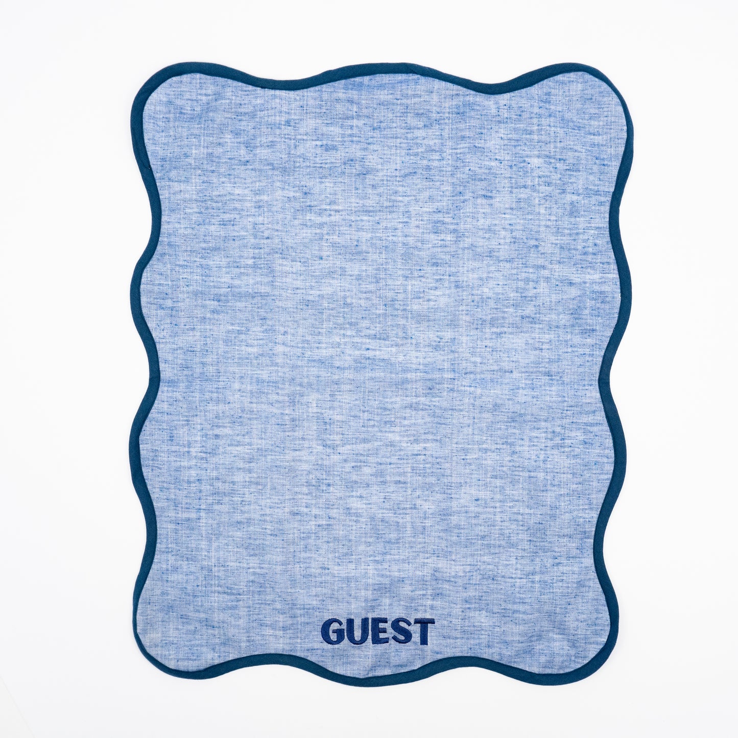 Giorgia blue chambray linen guest towels, navy GUEST embroidery, scalloped navy trim, set of two