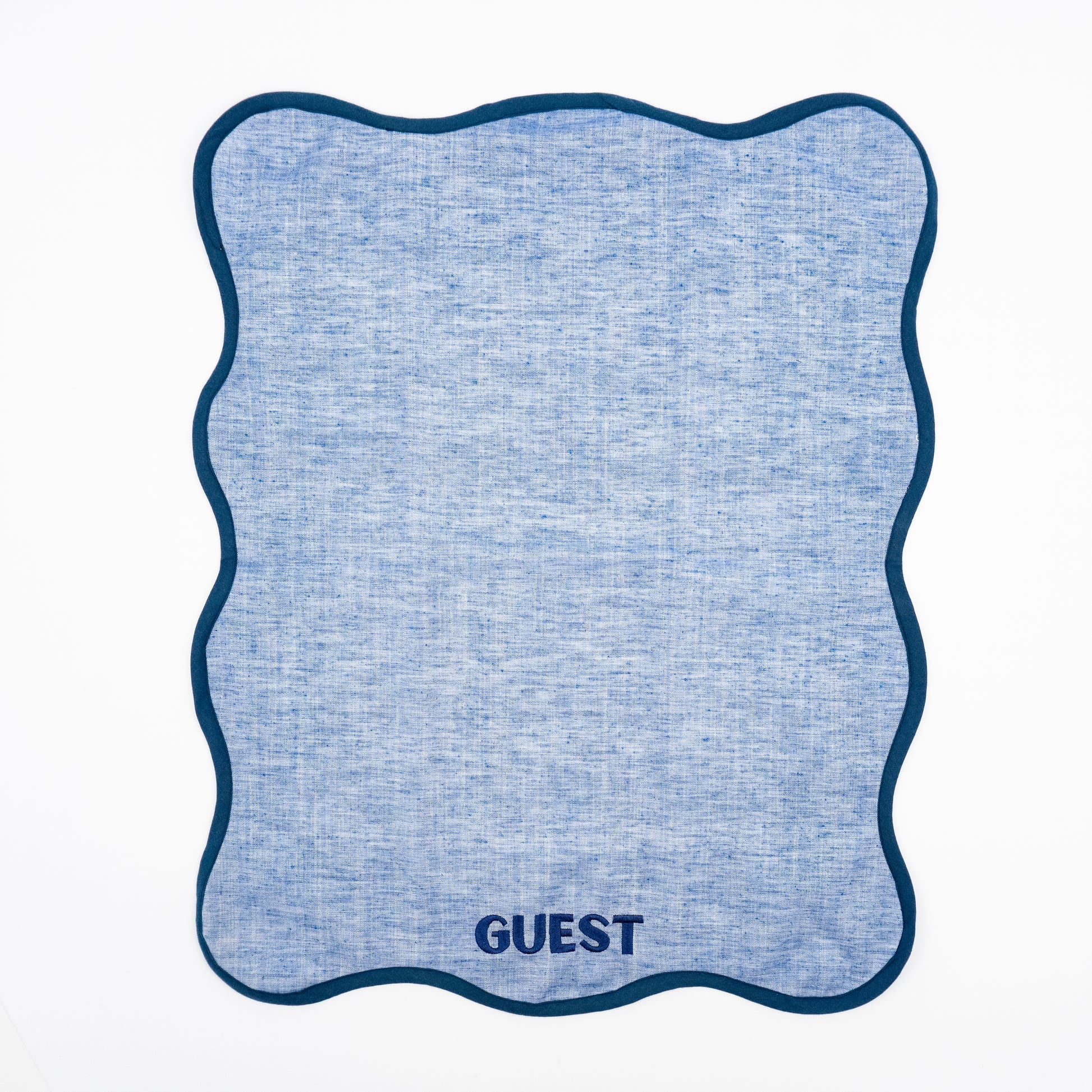 Giorgia blue chambray linen guest towels, navy GUEST embroidery, scalloped navy trim, set of two
