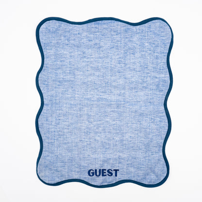 Giorgia blue chambray linen guest towels, navy GUEST embroidery, scalloped navy trim, set of two