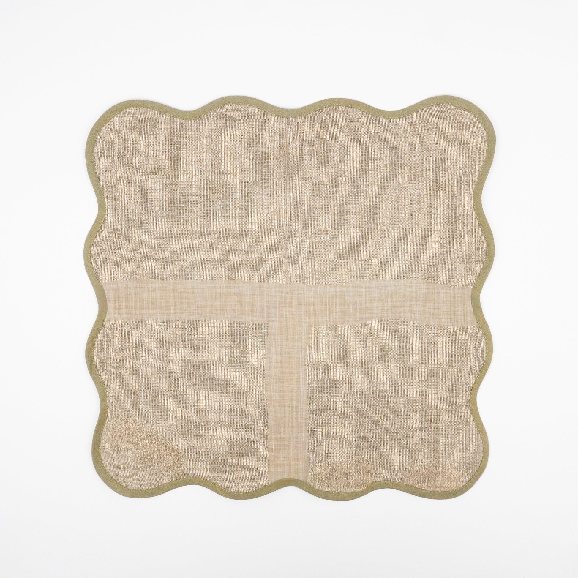 Granja natural linen dinner napkins, scalloped olive border, set of six