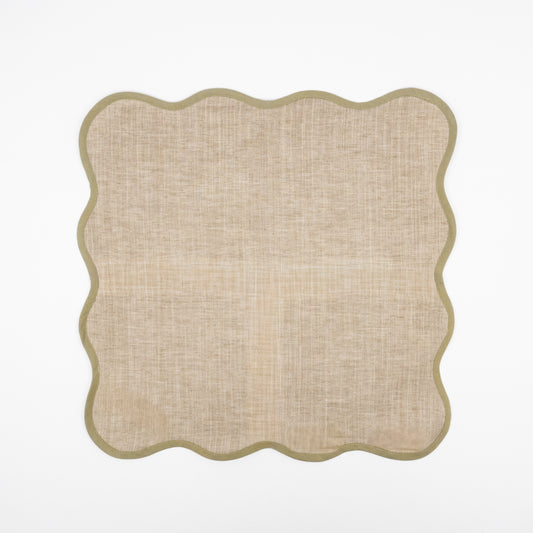 Granja natural linen dinner napkins, scalloped olive border, set of six
