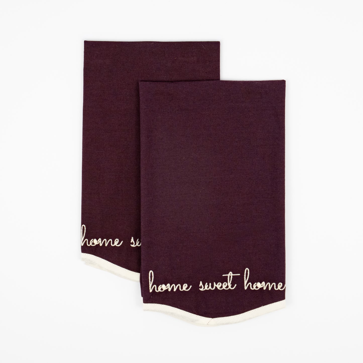 Haley home sweet home aubergine guest towels, cream script embroidery, cream trim, set of two