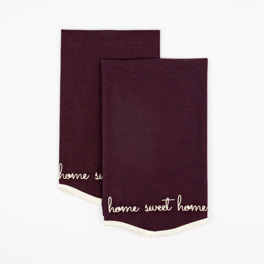 Haley home sweet home aubergine guest towels, cream script embroidery, cream trim, set of two