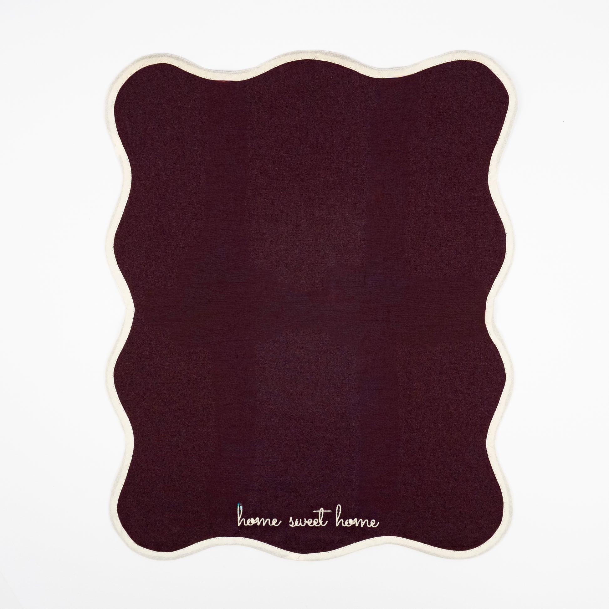 Haley home sweet home aubergine guest towels, cream script embroidery, cream trim, set of two