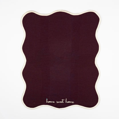Haley home sweet home aubergine guest towels, cream script embroidery, cream trim, set of two