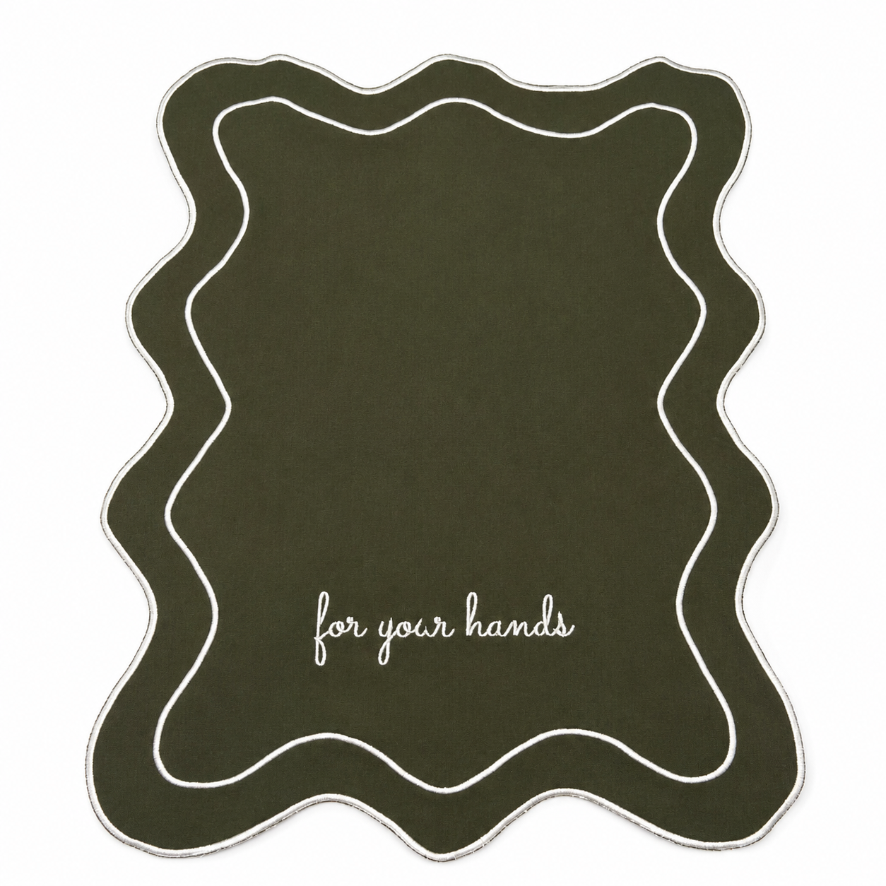 Close up of Hunter For Your Hands olive green guest towels, white script embroidery, scalloped wave trim, set of two
