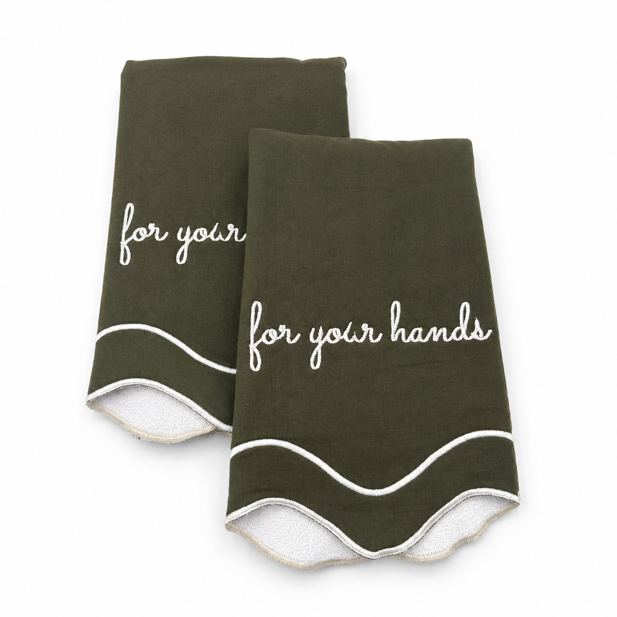 Hunter For Your Hands olive green guest towels, white script embroidery, scalloped wave trim, set of two