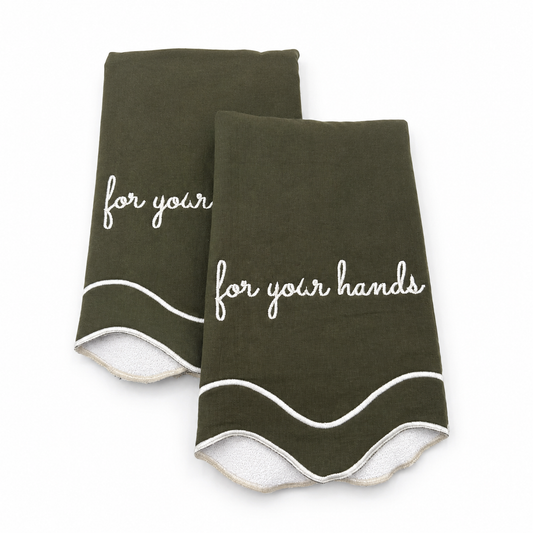 Hunter For Your Hands olive green guest towels, white script embroidery, scalloped wave trim, set of two