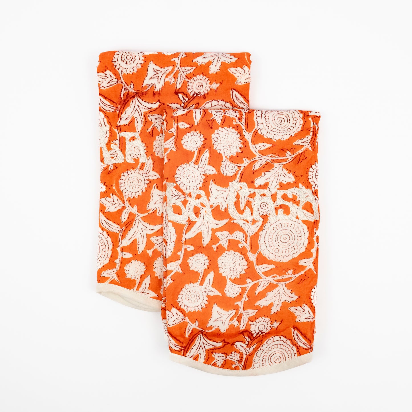 Lara La Casa terracotta floral block-print guest towels, cream LA CASA embroidery, set of two