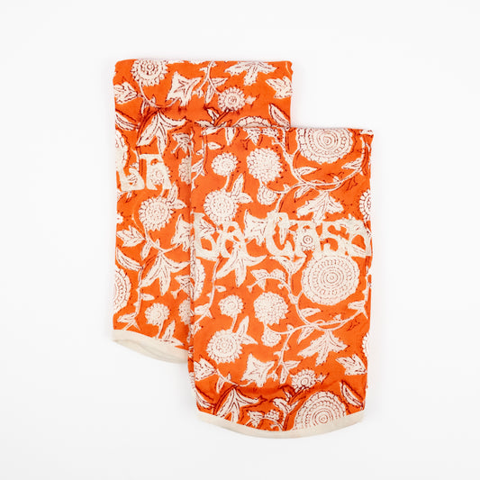 Lara La Casa terracotta floral block-print guest towels, cream LA CASA embroidery, set of two