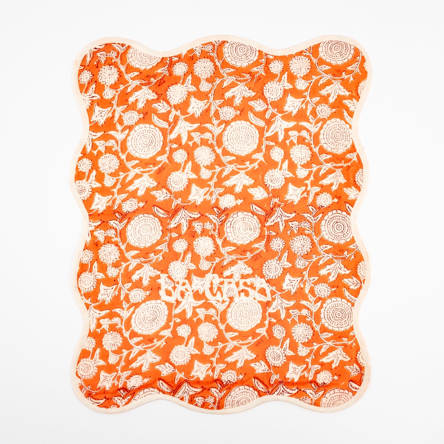Lara La Casa terracotta floral block-print guest towels, cream LA CASA embroidery, set of two