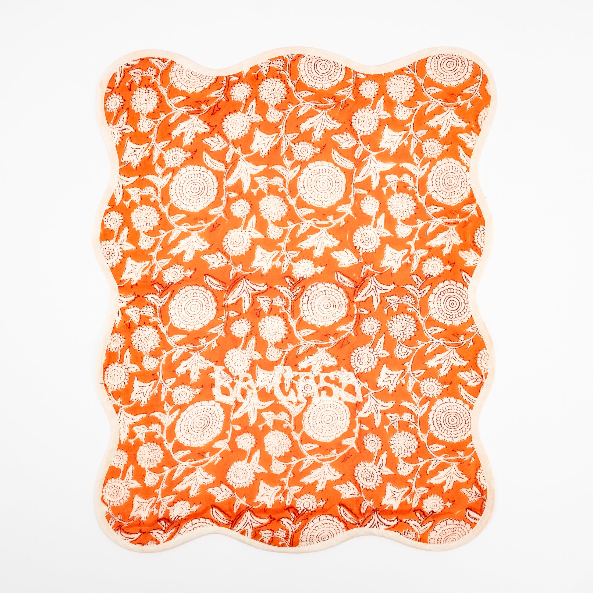 Lara La Casa terracotta floral block-print guest towels, cream LA CASA embroidery, set of two