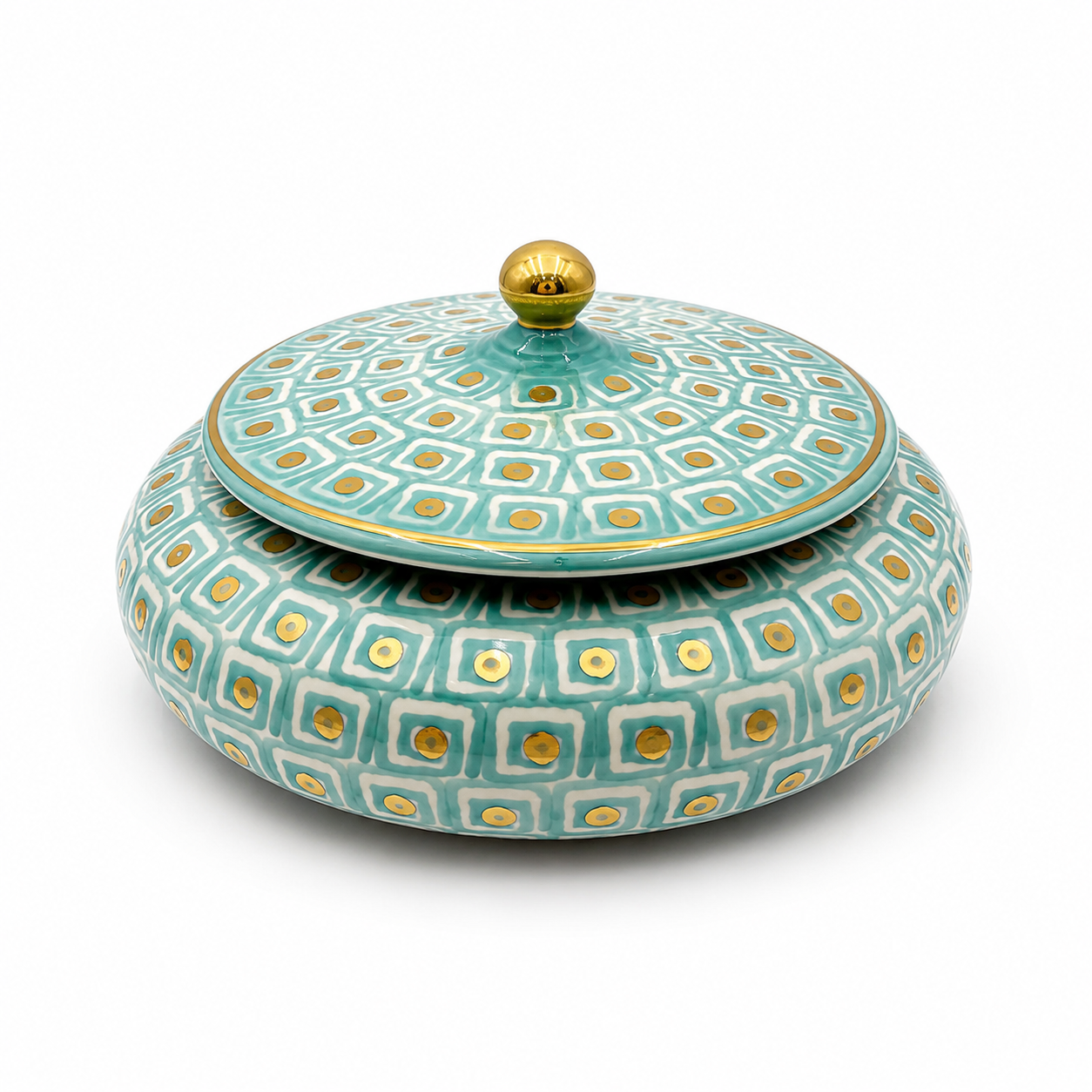 Lilia Maiolica ceramic lidded dish with gold ball finial, teal geometric pattern and gold rim accent