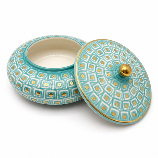 Lilia Maiolica ceramic lidded dish with lid removed, showing teal geometric pattern and gold rim on both pieces