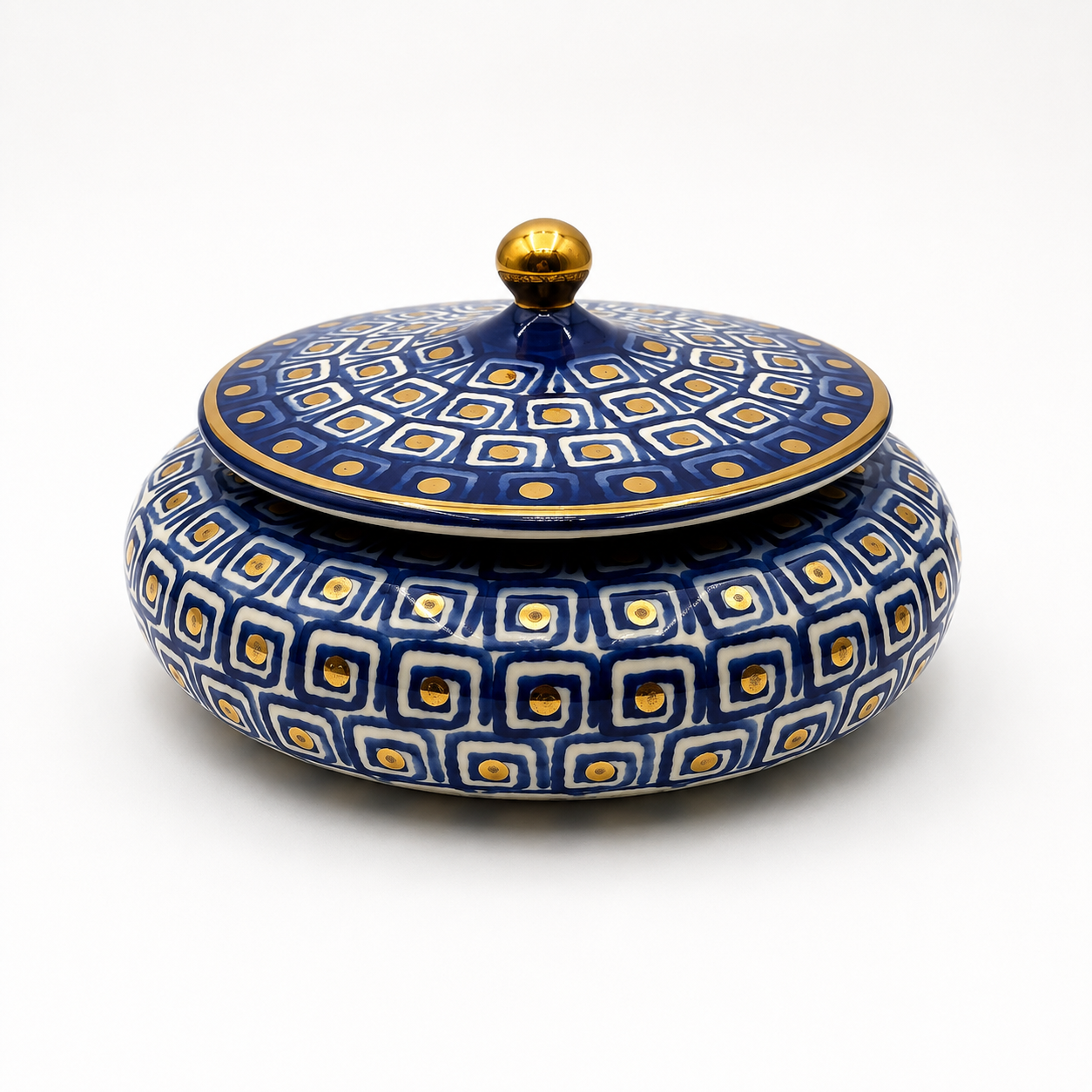 Lilo Maiolica ceramic lidded dish with gold ball finial, navy blue geometric pattern and gold rim accent