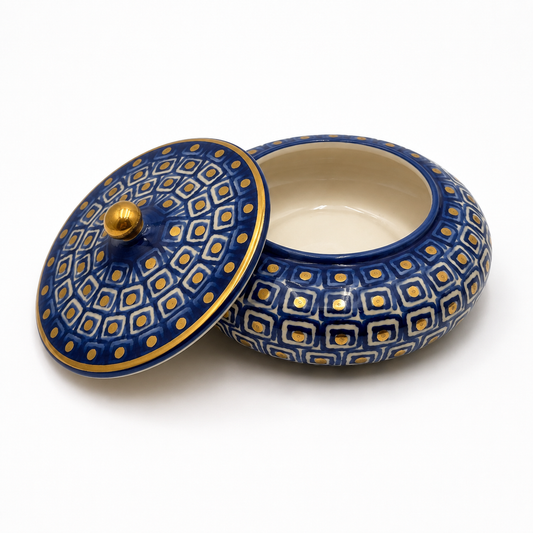 Lilo Maiolica ceramic lidded dish with lid removed, showing navy blue geometric pattern and gold rim on both pieces