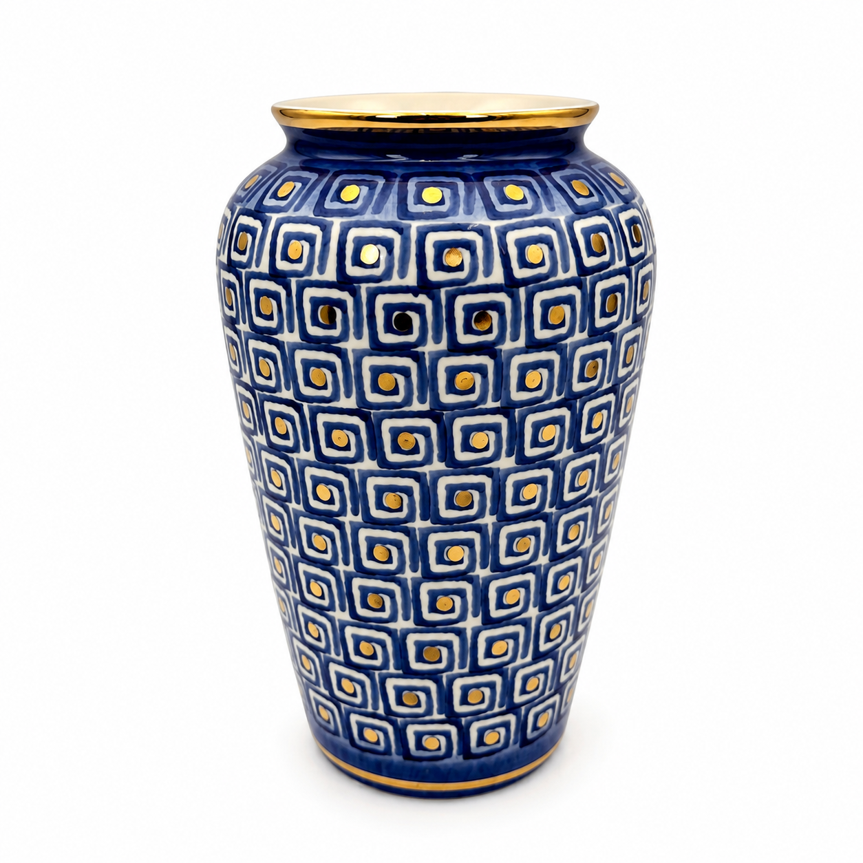 Lucio Maiolica ceramic vase, tall urn shape with navy blue geometric pattern and gold rim accents