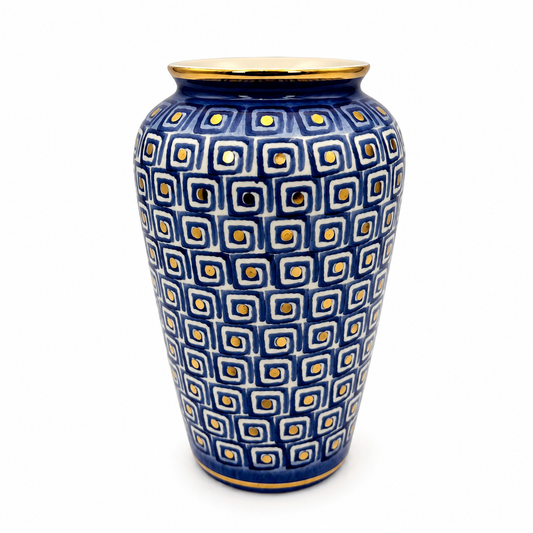 Lucio Maiolica ceramic vase, tall urn shape with navy blue geometric pattern and gold rim accents