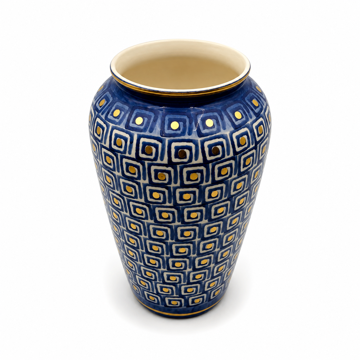 Top view of Lucio Maiolica ceramic vase showing wide opening, navy blue geometric pattern and gold accents