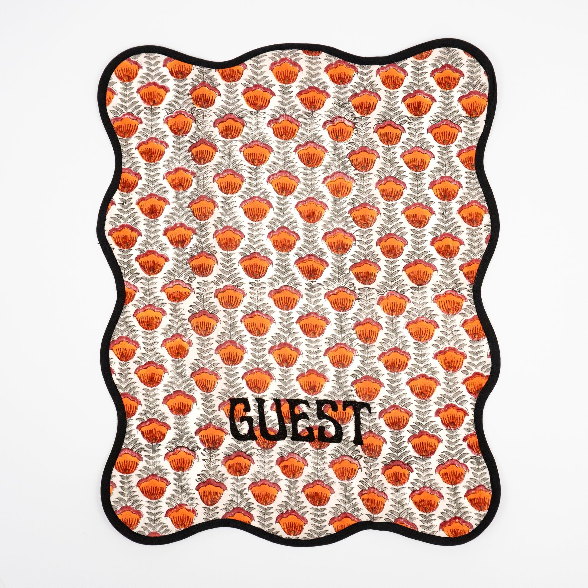 Magnolia cream floral block-print guest towels, orange poppies, black GUEST embroidery, set of two