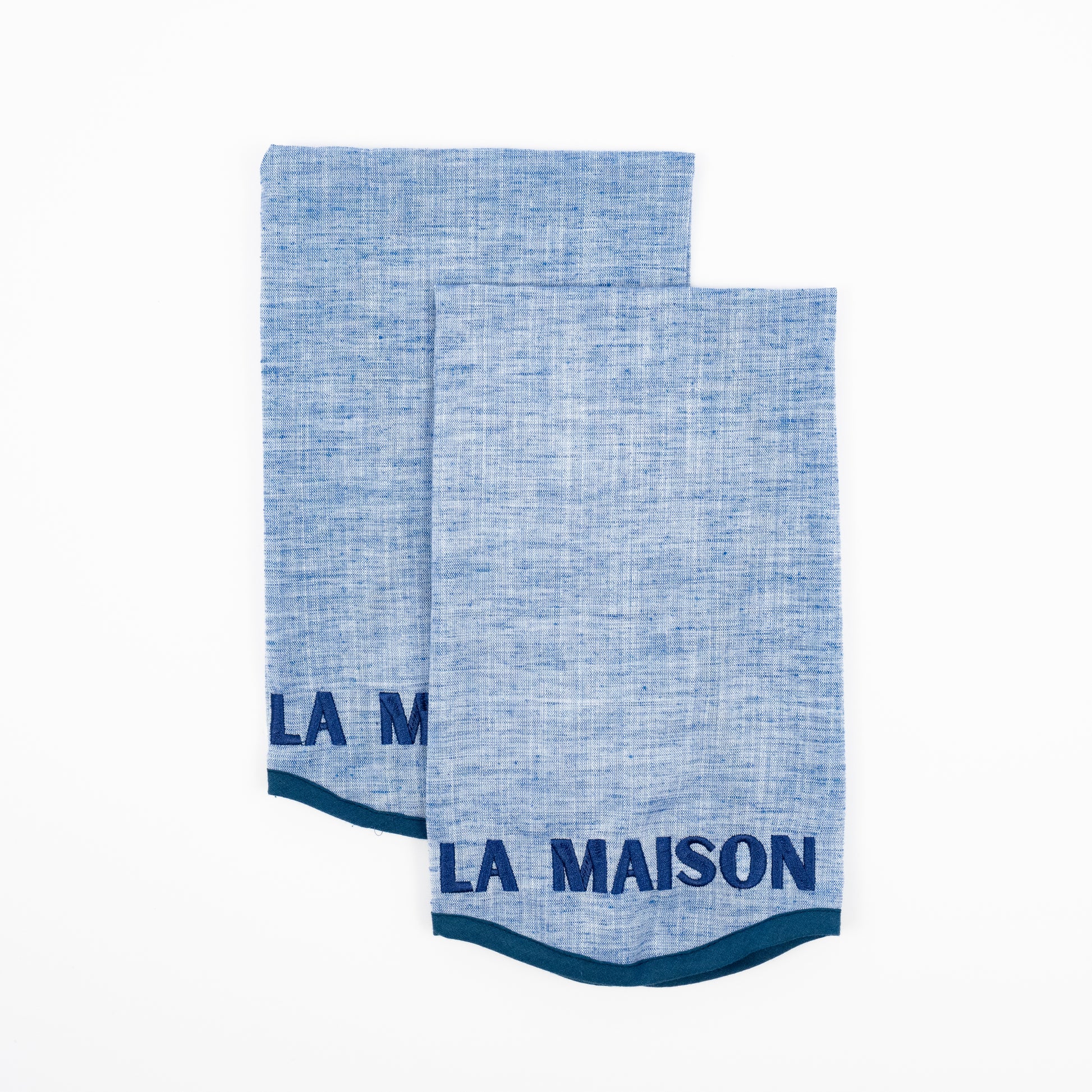 Misi La Maison blue linen guest towels, navy scalloped border, La Maison embroidery, set of two