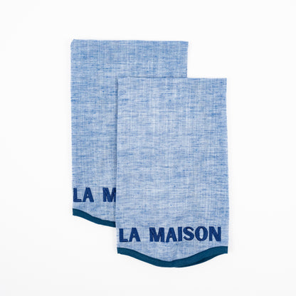 Misi La Maison blue linen guest towels, navy scalloped border, La Maison embroidery, set of two