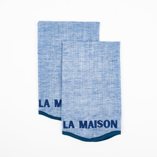 Misi La Maison blue linen guest towels, navy scalloped border, La Maison embroidery, set of two