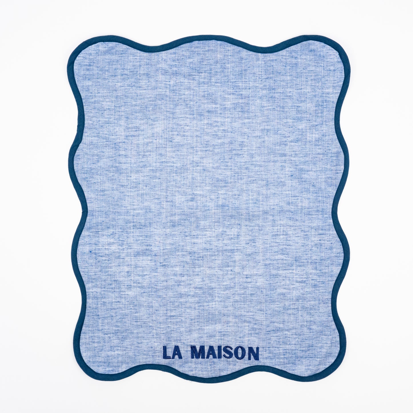 Misi La Maison blue linen guest towels, navy scalloped border, La Maison embroidery, set of two
