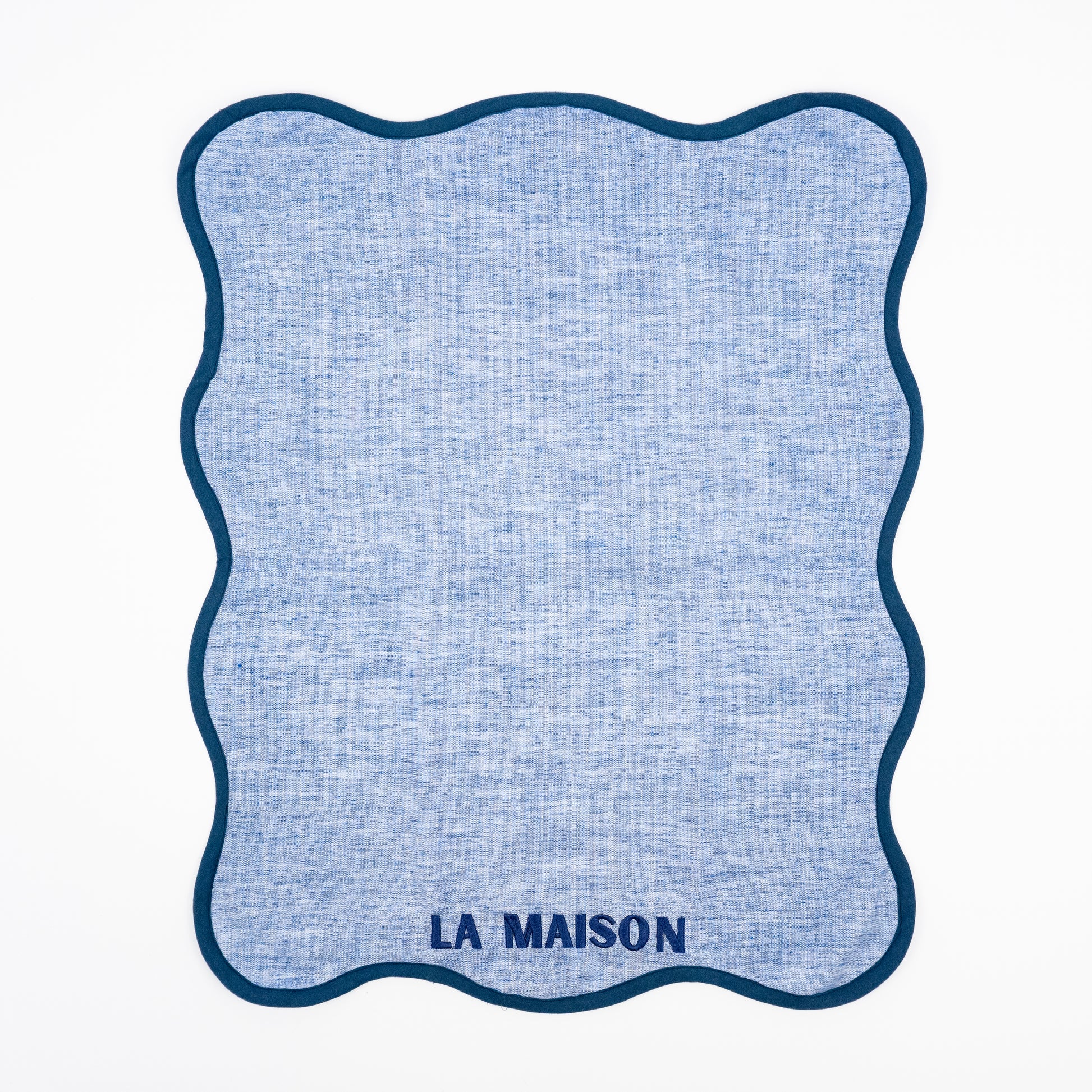 Misi La Maison blue linen guest towels, navy scalloped border, La Maison embroidery, set of two