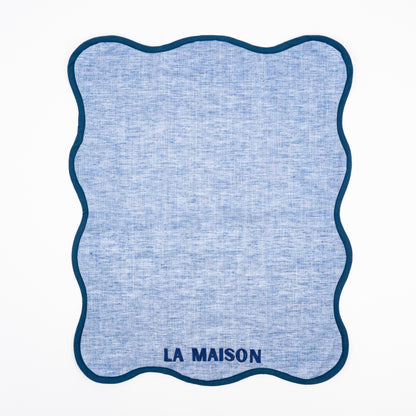 Misi La Maison blue linen guest towels, navy scalloped border, La Maison embroidery, set of two