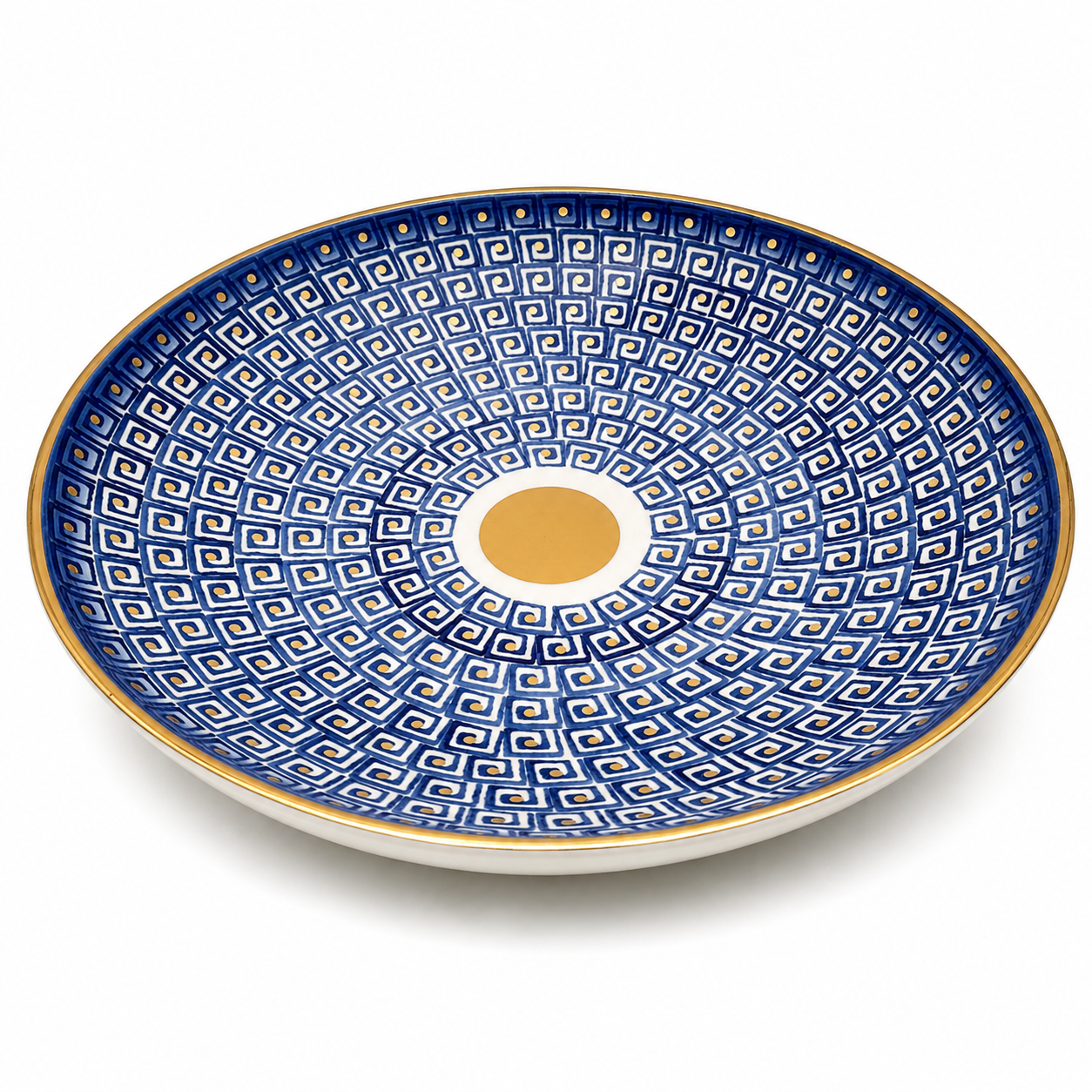 Noemi Maiolica ceramic serving bowl with navy blue geometric pattern, gold rim and gold center medallion