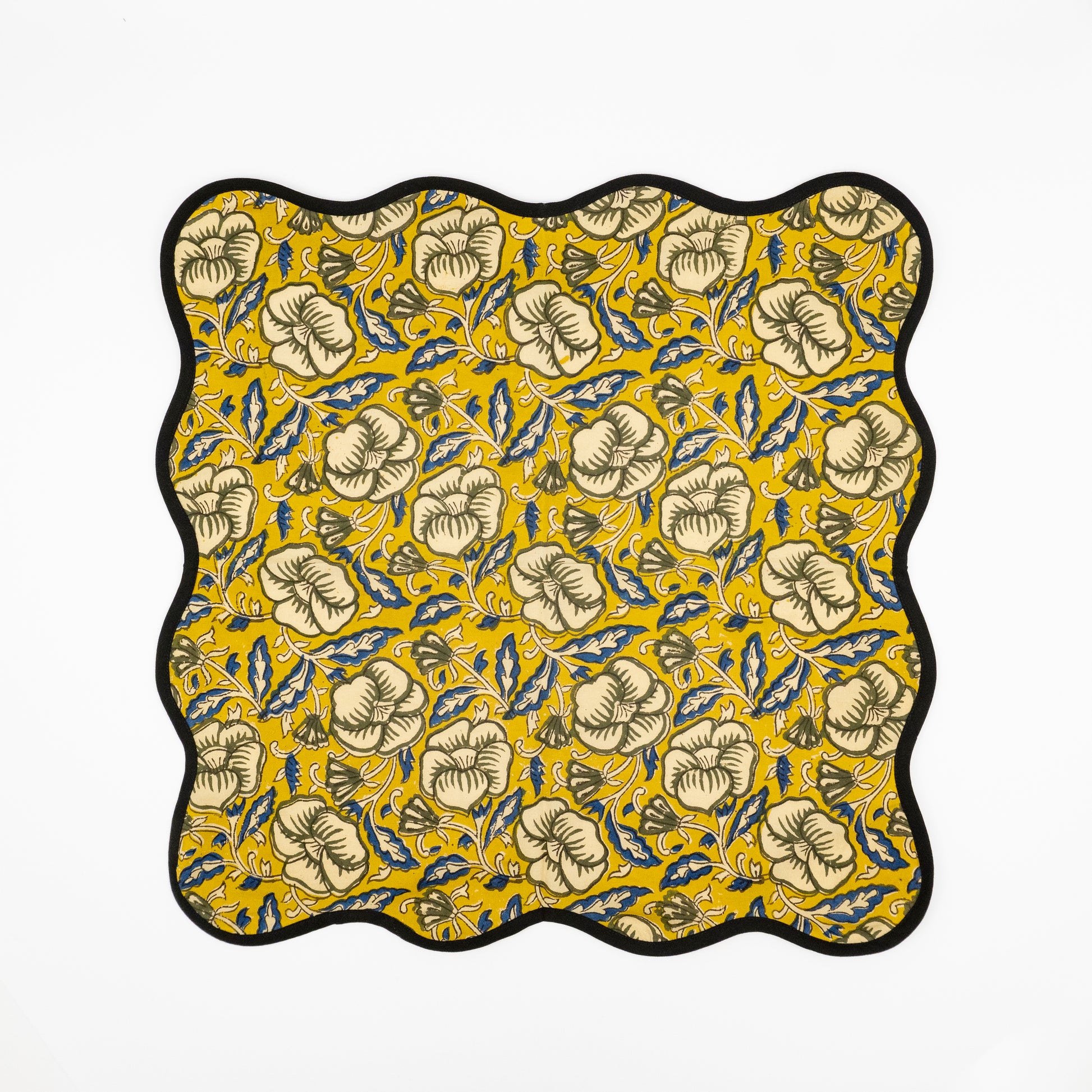 Oliver golden yellow floral block-print cotton dinner napkins, scalloped black border, set of six
