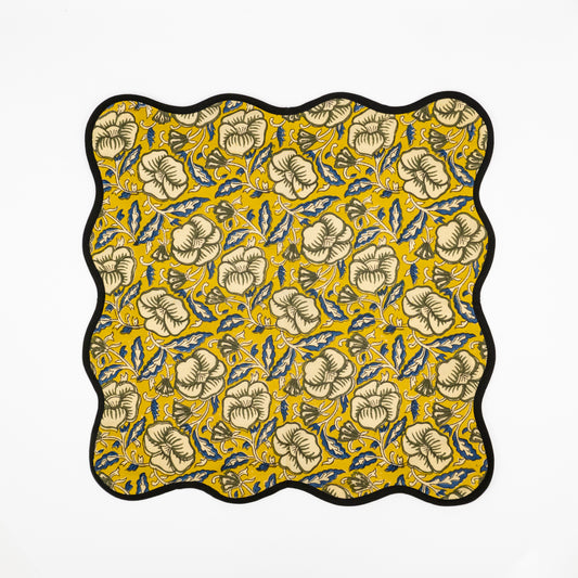 Oliver golden yellow floral block-print cotton dinner napkins, scalloped black border, set of six