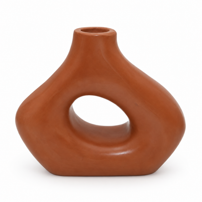 Oran medium ceramic vase, burnt terracotta, organic asymmetric form with open cutout center, narrow spout