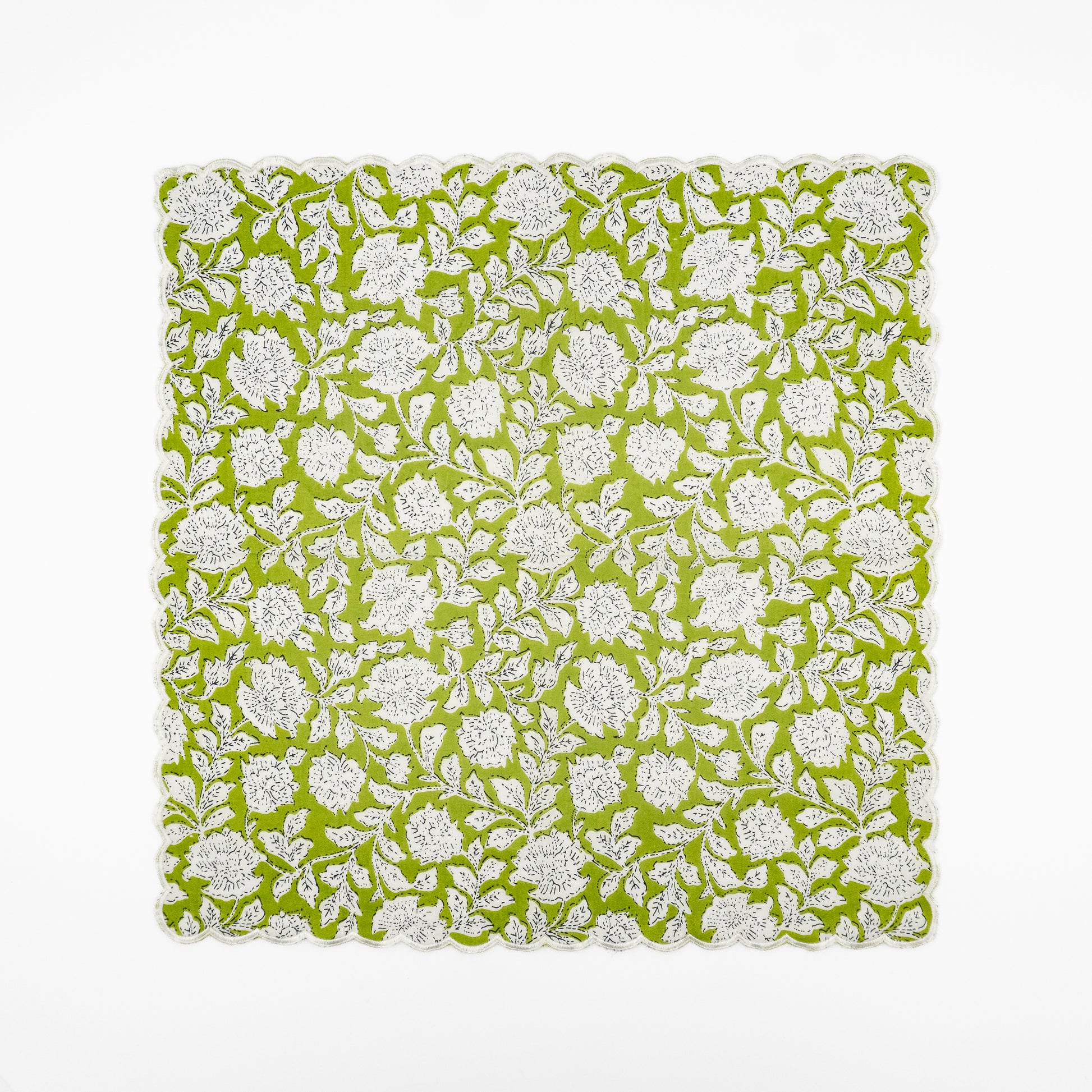 Pippa green floral block-print cotton dinner napkins, scalloped cream edge, set of six