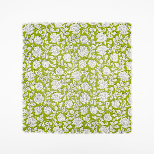 Pippa green floral block-print cotton dinner napkins, scalloped cream edge, set of six