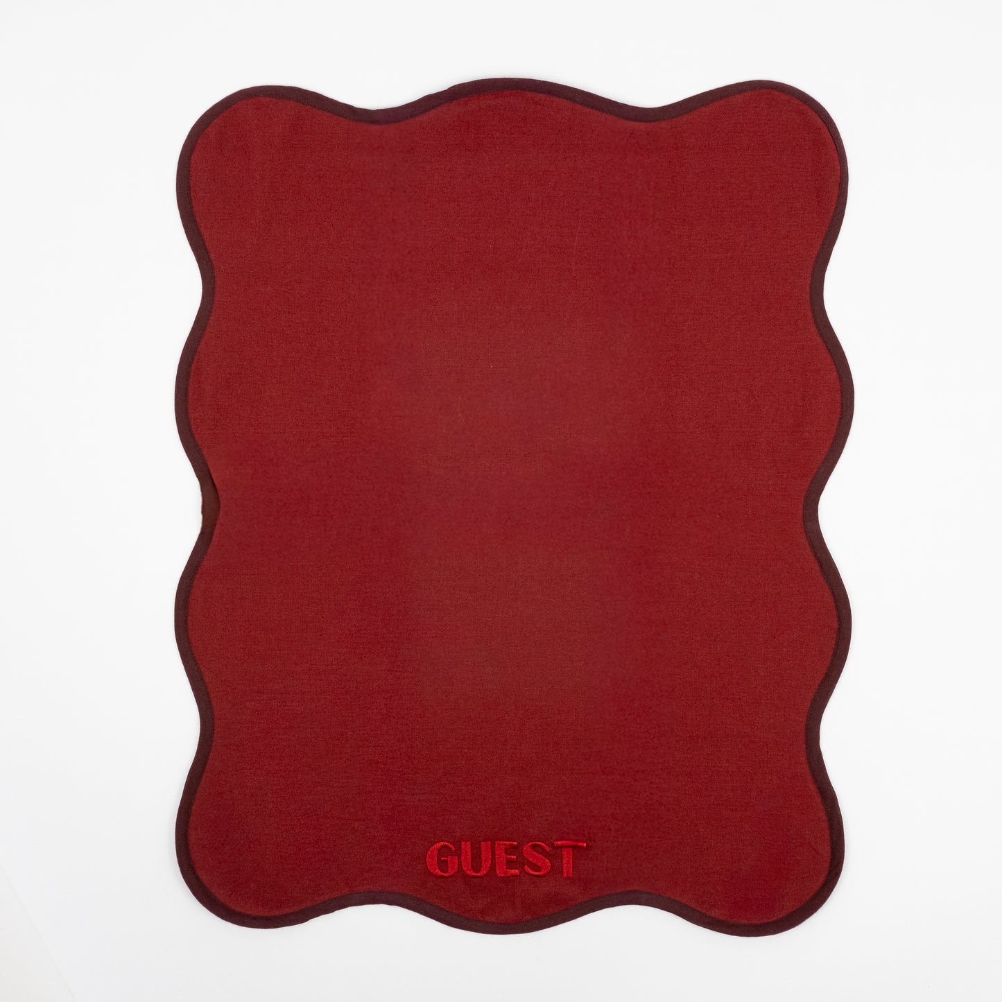 Rene burgundy hand towels, tonal red GUEST embroidery, burgundy trim, set of two