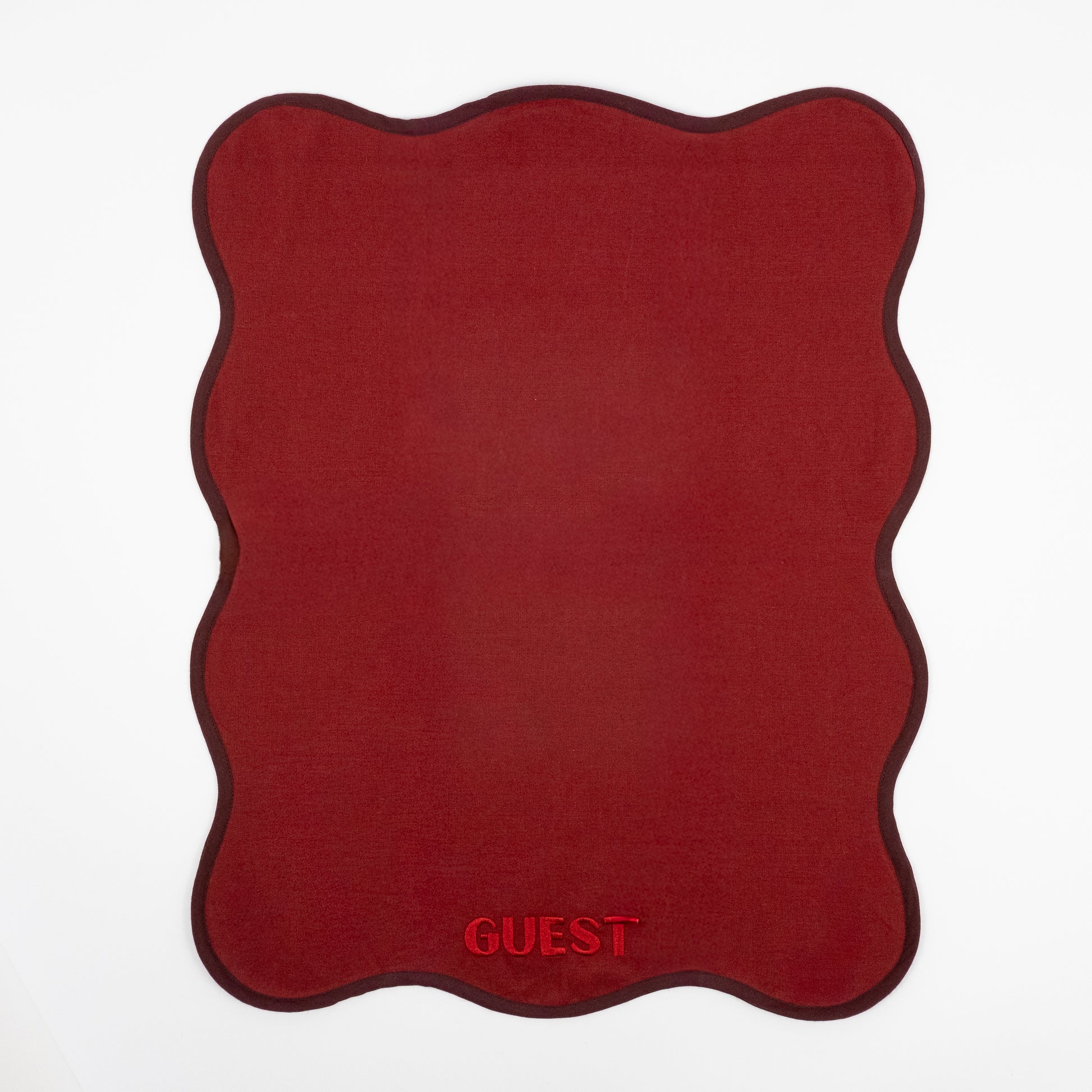 Rene burgundy hand towels, tonal red GUEST embroidery, burgundy trim, set of two